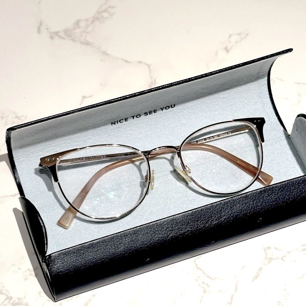 Warby Parker Ava reading glasses rose gold wire metal frame with glasses case